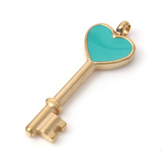 Picture of 1 Piece Vacuum Plating 304 Stainless Steel Pendants Gold Plated Green Blue Key Enamel 3.1cm x 1.1cm