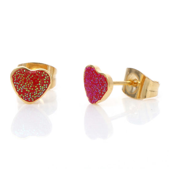 Picture of 316 Stainless Steel Valentine's Day Ear Post Stud Earrings Gold Plated Red Glitter Heart Enamel 6.3mm x 5.6mm, Post/ Wire Size: (21 gauge), 1 Pair