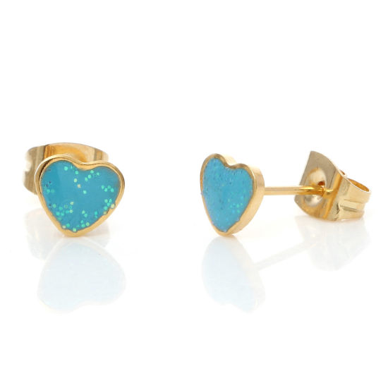 Picture of 316 Stainless Steel Valentine's Day Ear Post Stud Earrings Gold Plated Blue Glitter Heart Enamel 6.3mm x 5.6mm, Post/ Wire Size: (21 gauge), 1 Pair