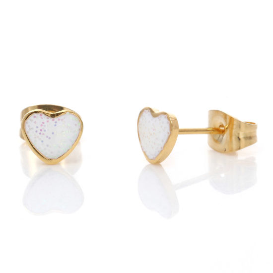 Picture of 316 Stainless Steel Valentine's Day Ear Post Stud Earrings Gold Plated White Glitter Heart Enamel 6.3mm x 5.6mm, Post/ Wire Size: (21 gauge), 1 Pair