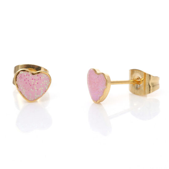 Picture of 316 Stainless Steel Valentine's Day Ear Post Stud Earrings Gold Plated Light Pink Glitter Heart Enamel 6.3mm x 5.6mm, Post/ Wire Size: (21 gauge), 1 Pair