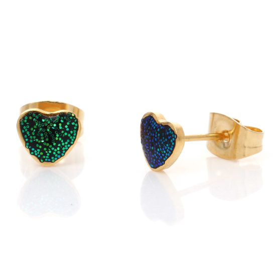 Picture of 316 Stainless Steel Valentine's Day Ear Post Stud Earrings Gold Plated Green Glitter Heart Enamel 6.3mm x 5.6mm, Post/ Wire Size: (21 gauge), 1 Pair