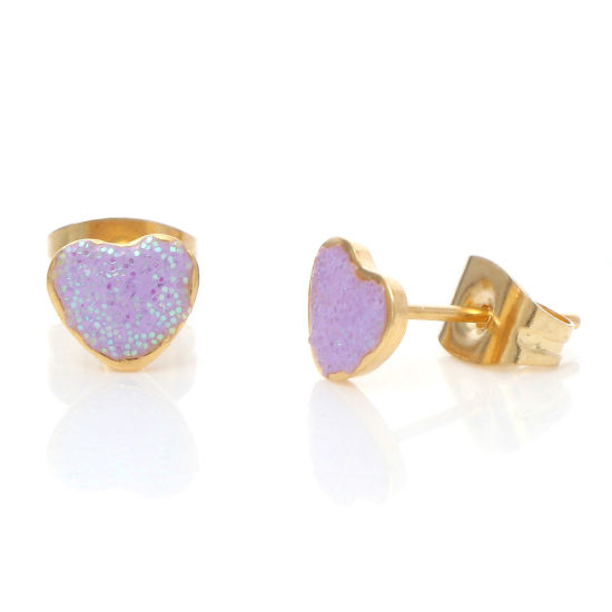Picture of 316 Stainless Steel Valentine's Day Ear Post Stud Earrings Gold Plated Purple Glitter Heart Enamel 6.3mm x 5.6mm, Post/ Wire Size: (21 gauge), 1 Pair