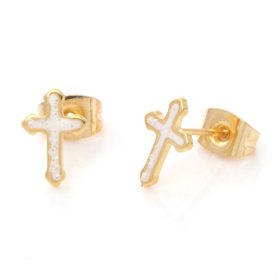 Immagine di 1 Paio Placcatura Sottovuoto 316 Acciaio inossidabile Religione Orecchini a Perno Oro Placcato Bianco Brillio Croce Smalto 9.7mm x 6.6mm, Posta / Filo Dimensione: (21 misura)