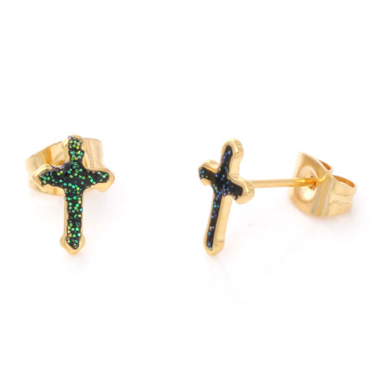 Immagine di 1 Paio Placcatura Sottovuoto 316 Acciaio inossidabile Religione Orecchini a Perno Oro Placcato Verde Scuro Brillio Croce Smalto 9.7mm x 6.6mm, Posta / Filo Dimensione: (21 misura)