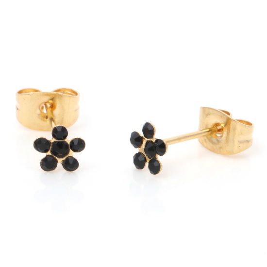 Immagine di 1 Paio Placcatura Sottovuoto 316 Acciaio inossidabile Elegante Orecchini a Perno Oro Placcato Fiore Nero Strass 5mm Dia., Posta / Filo Dimensione: (21 misura)