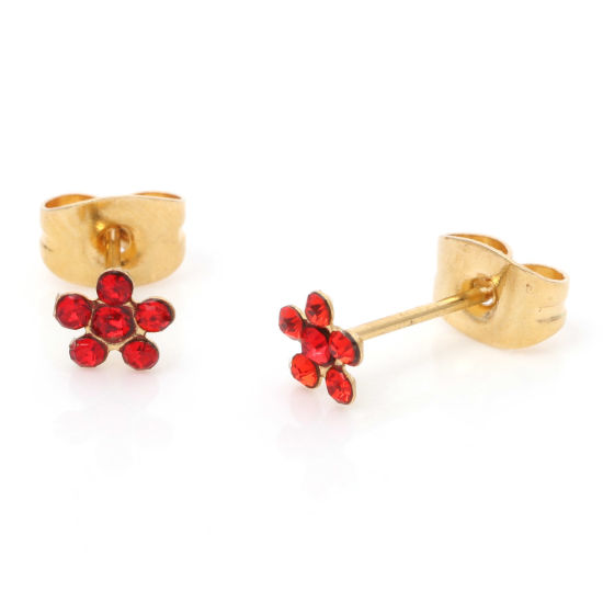 Immagine di 1 Paio Placcatura Sottovuoto 316 Acciaio inossidabile Elegante Orecchini a Perno Oro Placcato Fiore Rosso Strass 5mm Dia., Posta / Filo Dimensione: (21 misura)