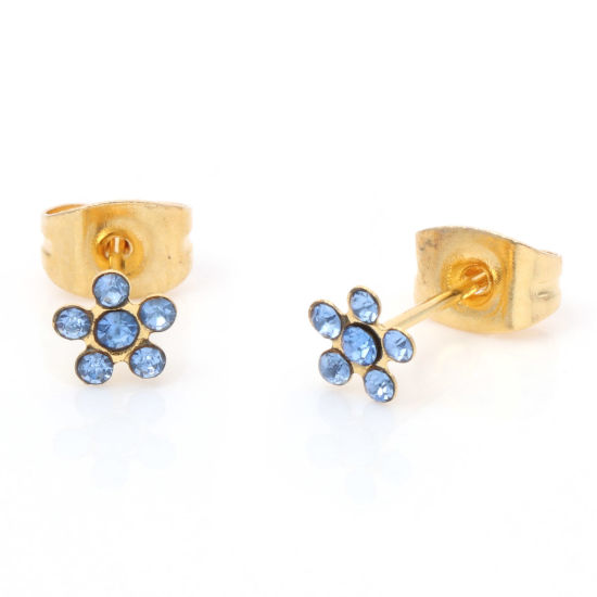 Immagine di 1 Paio Placcatura Sottovuoto 316 Acciaio inossidabile Elegante Orecchini a Perno Oro Placcato Fiore Zaffiro Chiaro Strass 5mm Dia., Posta / Filo Dimensione: (21 misura)
