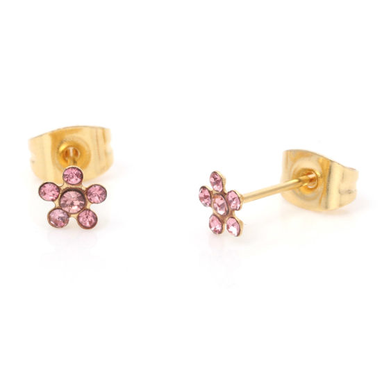 Immagine di 1 Paio Placcatura Sottovuoto 316 Acciaio inossidabile Elegante Orecchini a Perno Oro Placcato Fiore Rosa Chiaro Strass 5mm Dia., Posta / Filo Dimensione: (21 misura)