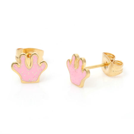Picture of 1 Pair Vacuum Plating 316 Stainless Steel Stylish Ear Post Stud Earrings Gold Plated Light Pink Glitter Hand Palm Enamel 8mm x 6.8mm, Post/ Wire Size: (21 gauge)