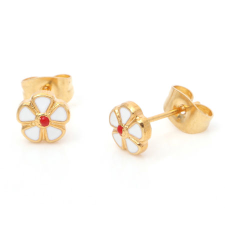 Image de 1 Paire Boucles d'Oreilles Puces en 316 Acier Inoxydable Placage sous Vide Élégant Doré Blanc Rond Fleurs Émail 6.5mm Dia., Epaisseur de Fil: (21 gauge)