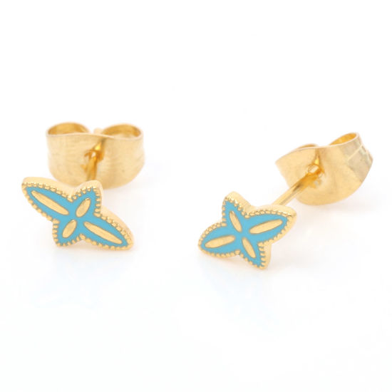 Immagine di 1 Paio Placcatura Sottovuoto 316 Acciaio inossidabile Religione Orecchini a Perno Oro Placcato Blu Croce Smalto 8.3mm x 5.2mm, Posta / Filo Dimensione: (21 misura)