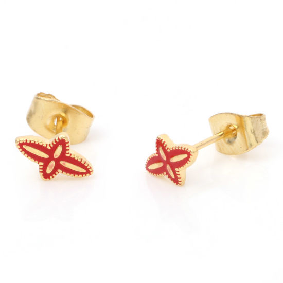 Immagine di 1 Paio Placcatura Sottovuoto 316 Acciaio inossidabile Religione Orecchini a Perno Oro Placcato Rosso Croce Smalto 8.3mm x 5.2mm, Posta / Filo Dimensione: (21 misura)
