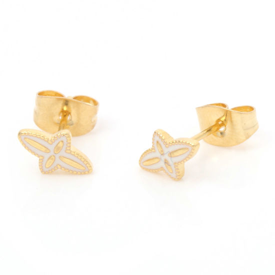Immagine di 1 Paio Placcatura Sottovuoto 316 Acciaio inossidabile Religione Orecchini a Perno Oro Placcato Bianco Croce Smalto 8.3mm x 5.2mm, Posta / Filo Dimensione: (21 misura)