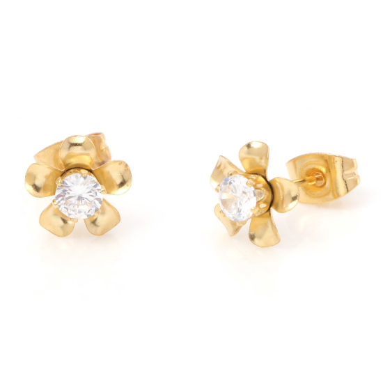 Immagine di 1 Paio Placcatura Sottovuoto 316 Acciaio inossidabile Elegante Orecchini a Perno Oro Placcato Fiore Trasparente Strass 9mm Dia., Posta / Filo Dimensione: (21 misura)