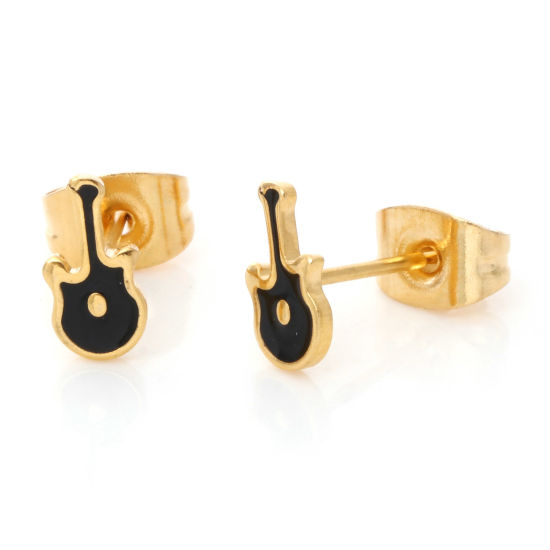 Imagen de 1 Par Enchapado al Vacío 316 Acero Inoxidable Elegante Pendientes Chapado en Oro Negro Guitarra Instrumento Musical Esmalte 7.9mm x 4mm, Post/ Wire Size: (21 gauge)