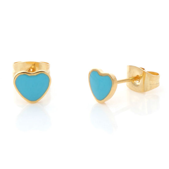 Image de 1 Paire Boucles d'Oreilles Puces en 316 Acier Inoxydable Placage sous Vide La Saint Valentin Doré Bleu Cœur Émail 6.4mm x 5.6mm , Epaisseur de Fil: (21 gauge)