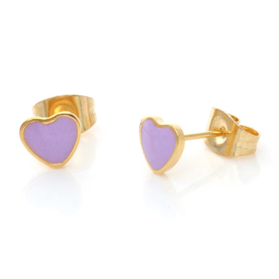 Image de 1 Paire Boucles d'Oreilles Puces en 316 Acier Inoxydable Placage sous Vide La Saint Valentin Doré Violet Cœur Émail 6.4mm x 5.6mm , Epaisseur de Fil: (21 gauge)