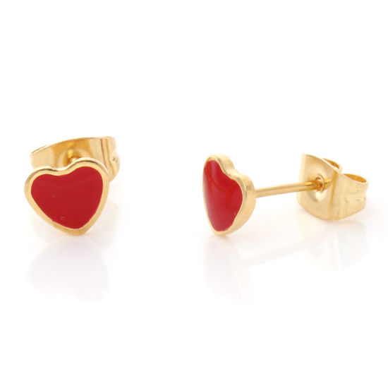 Image de 1 Paire Boucles d'Oreilles Puces en 316 Acier Inoxydable Placage sous Vide La Saint Valentin Doré Rouge Cœur Émail 6.4mm x 5.6mm , Epaisseur de Fil: (21 gauge)