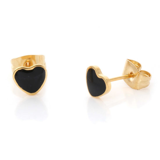 Image de 1 Paire Boucles d'Oreilles Puces en 316 Acier Inoxydable Placage sous Vide La Saint Valentin Doré Noir Cœur Émail 6.4mm x 5.6mm , Epaisseur de Fil: (21 gauge)