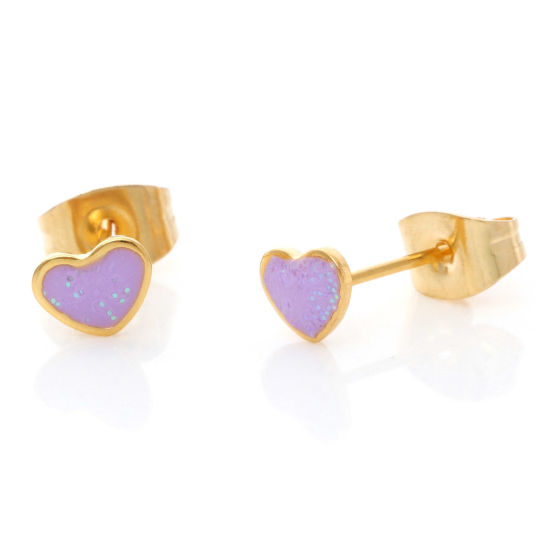 Immagine di 1 Paio Placcatura Sottovuoto 316 Acciaio inossidabile San Valentino Orecchini a Perno Oro Placcato Colore Viola Brillio Cuore Smalto 5.8mm x 4.5mm, Posta / Filo Dimensione: (21 misura)