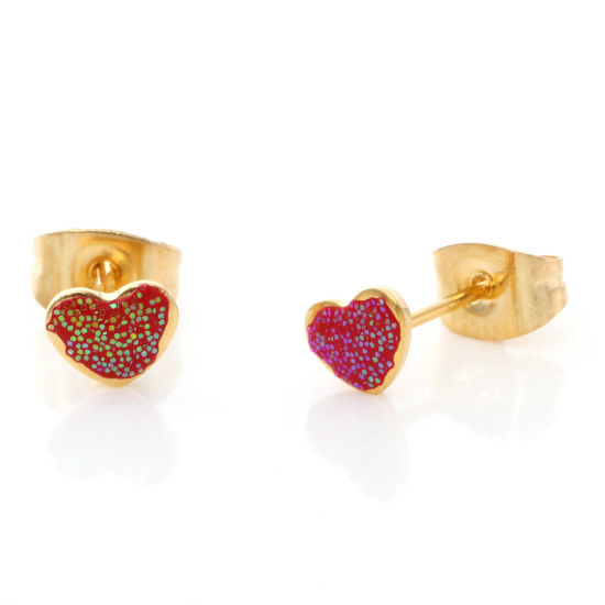 Immagine di 1 Paio Placcatura Sottovuoto 316 Acciaio inossidabile San Valentino Orecchini a Perno Oro Placcato Rosso Brillio Cuore Smalto 5.8mm x 4.5mm, Posta / Filo Dimensione: (21 misura)