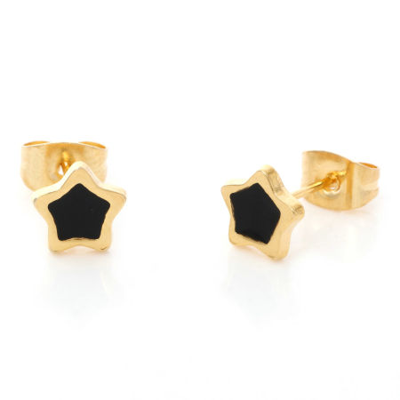 Picture of 1 Pair Vacuum Plating 316 Stainless Steel Stylish Ear Post Stud Earrings Gold Plated Black Pentagram Star Enamel 6.5mm Dia., Post/ Wire Size: (21 gauge)