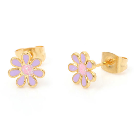Picture of 316 Stainless Steel Stylish Ear Post Stud Earrings Gold Plated Purple Glitter Flower Enamel 6mm Dia., Post/ Wire Size: (21 gauge), 1 Pair