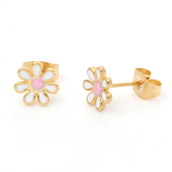 Picture of 316 Stainless Steel Stylish Ear Post Stud Earrings Gold Plated White Glitter Flower Enamel 6mm Dia., Post/ Wire Size: (21 gauge), 1 Pair