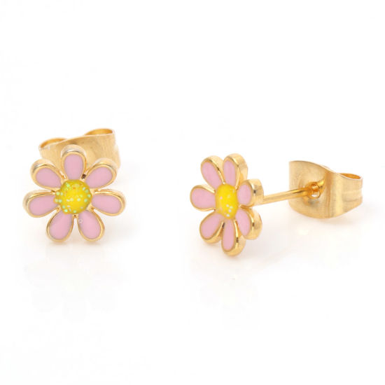 Picture of 316 Stainless Steel Stylish Ear Post Stud Earrings Gold Plated Light Pink Glitter Flower Enamel 6mm Dia., Post/ Wire Size: (21 gauge), 1 Pair