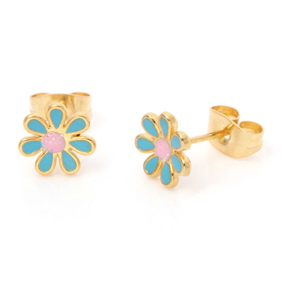 Picture of 316 Stainless Steel Stylish Ear Post Stud Earrings Gold Plated Lake Blue Glitter Flower Enamel 6mm Dia., Post/ Wire Size: (21 gauge), 1 Pair