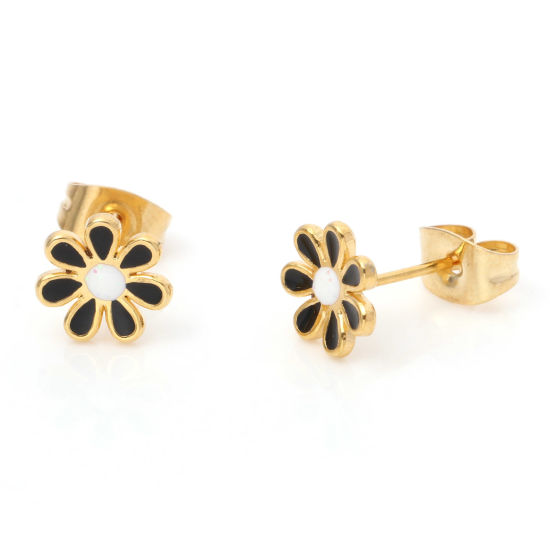 Picture of 316 Stainless Steel Stylish Ear Post Stud Earrings Gold Plated Black Glitter Flower Enamel 6mm Dia., Post/ Wire Size: (21 gauge), 1 Pair