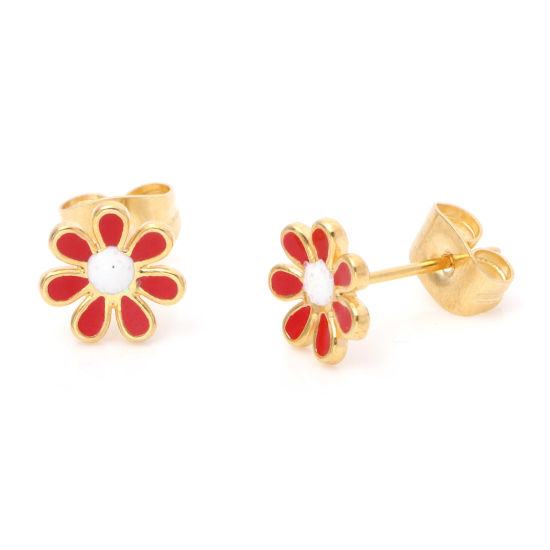 Picture of 316 Stainless Steel Stylish Ear Post Stud Earrings Gold Plated Red Glitter Flower Enamel 6mm Dia., Post/ Wire Size: (21 gauge), 1 Pair
