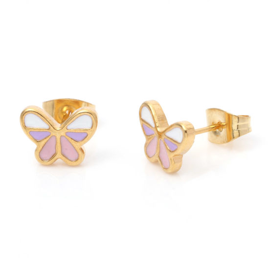Picture of 316 Stainless Steel Insect Ear Post Stud Earrings Gold Plated Multicolor Butterfly Animal Enamel 9.5mm x 7mm, Post/ Wire Size: (21 gauge), 1 Pair