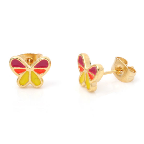 Picture of 316 Stainless Steel Insect Ear Post Stud Earrings Gold Plated Multicolor Butterfly Animal Enamel 9.5mm x 7mm, Post/ Wire Size: (21 gauge), 1 Pair