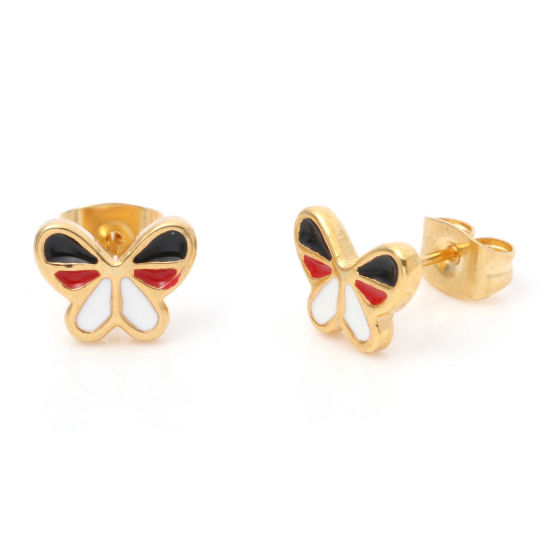 Picture of 1 Pair Vacuum Plating 316 Stainless Steel Insect Ear Post Stud Earrings Gold Plated Multicolor Butterfly Animal Enamel 9.5mm x 7mm, Post/ Wire Size: (21 gauge)