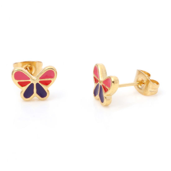 Picture of 1 Pair Vacuum Plating 316 Stainless Steel Insect Ear Post Stud Earrings Gold Plated Multicolor Butterfly Animal Enamel 9.5mm x 7mm, Post/ Wire Size: (21 gauge)