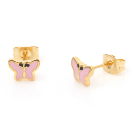 Picture of 1 Pair Vacuum Plating 316 Stainless Steel Insect Ear Post Stud Earrings Gold Plated Light Pink Butterfly Animal Enamel 7.4mm x 5.5mm, Post/ Wire Size: (21 gauge)