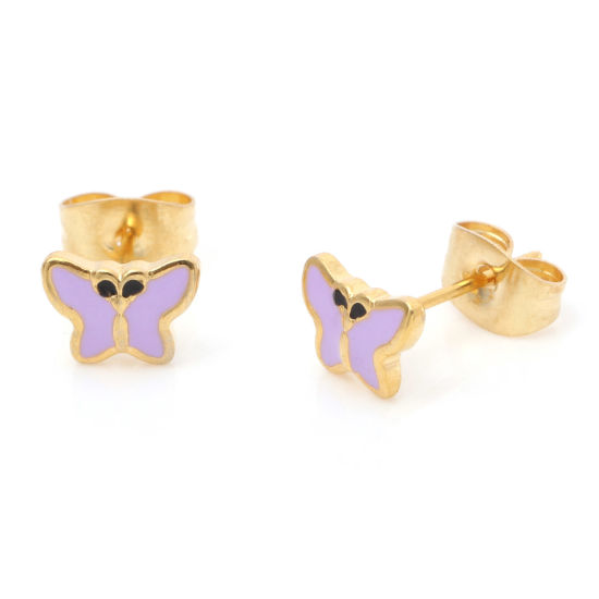 Immagine di 1 Paio Placcatura Sottovuoto 316 Acciaio inossidabile Insetto Orecchini a Perno Oro Placcato Colore Viola Farfalla Smalto 7.4mm x 5.5mm, Posta / Filo Dimensione: (21 misura)