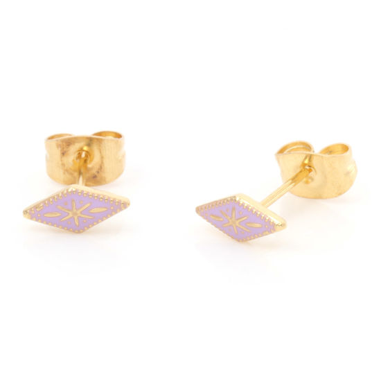Picture of 316 Stainless Steel Stylish Ear Post Stud Earrings Gold Plated Purple Rhombus Enamel 8.3mm x 3.8mm, Post/ Wire Size: (21 gauge), 1 Pair