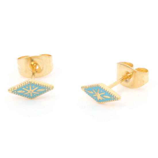 Picture of 316 Stainless Steel Stylish Ear Post Stud Earrings Gold Plated Blue Rhombus Enamel 8.3mm x 3.8mm, Post/ Wire Size: (21 gauge), 1 Pair