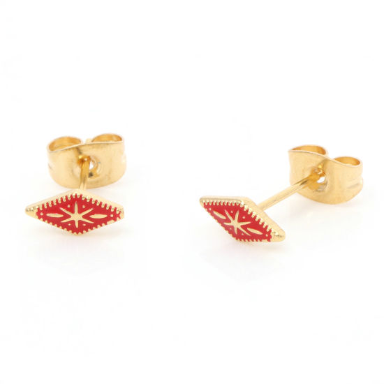 Picture of 1 Pair Vacuum Plating 316 Stainless Steel Stylish Ear Post Stud Earrings Gold Plated Red Rhombus Enamel 8.3mm x 3.8mm, Post/ Wire Size: (21 gauge)