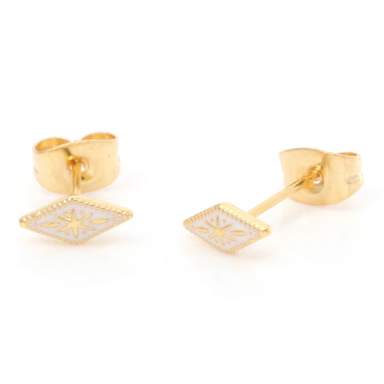 Picture of 316 Stainless Steel Stylish Ear Post Stud Earrings Gold Plated White Rhombus Enamel 8.3mm x 3.8mm, Post/ Wire Size: (21 gauge), 1 Pair