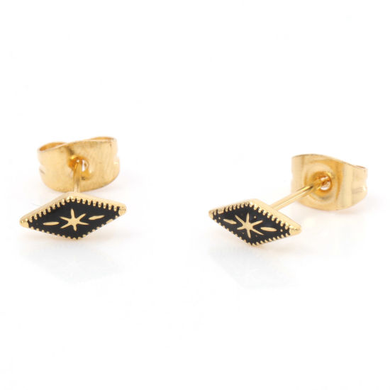 Picture of 1 Pair Vacuum Plating 316 Stainless Steel Stylish Ear Post Stud Earrings Gold Plated Black Rhombus Enamel 8.3mm x 3.8mm, Post/ Wire Size: (21 gauge)