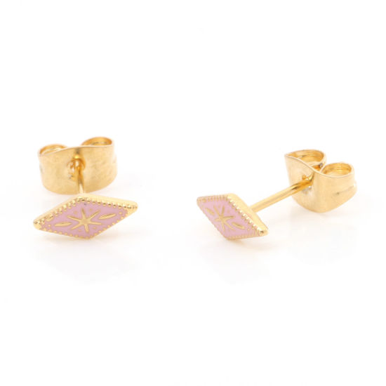 Picture of 1 Pair Vacuum Plating 316 Stainless Steel Stylish Ear Post Stud Earrings Gold Plated Light Pink Rhombus Enamel 8.3mm x 3.8mm, Post/ Wire Size: (21 gauge)