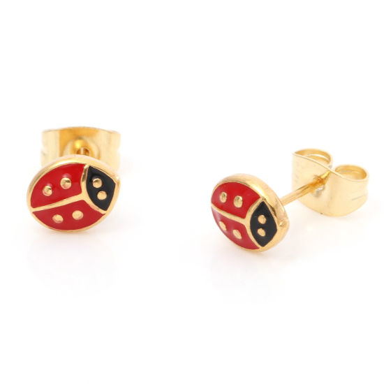 Picture of 1 Pair Vacuum Plating 316 Stainless Steel Stylish Ear Post Stud Earrings Gold Plated Multicolor Ladybug Animal Enamel 7.3mm x 6mm, Post/ Wire Size: (21 gauge)