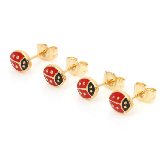 Picture of 316 Stainless Steel Stylish Ear Post Stud Earrings Gold Plated Multicolor Ladybug Animal Enamel 7.3mm x 6mm, Post/ Wire Size: (21 gauge), 1 Pair