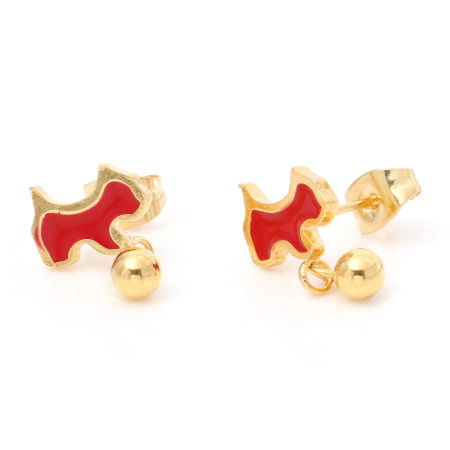 Picture of 1 Pair Vacuum Plating 316 Stainless Steel Stylish Ear Post Stud Earrings Gold Plated Red Dog Animal Enamel 10mm x 5mm, Post/ Wire Size: (21 gauge)