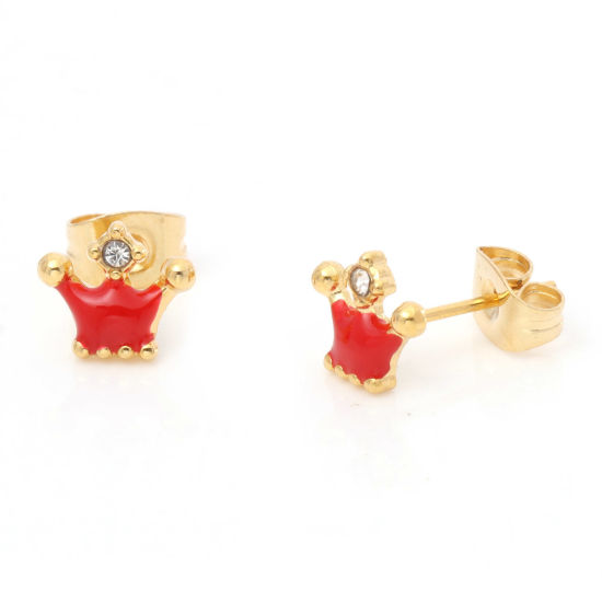Picture of 1 Pair Vacuum Plating 316 Stainless Steel Stylish Ear Post Stud Earrings Gold Plated Red Crown Enamel Clear Rhinestone 8.3mm x 7.2mm, Post/ Wire Size: (21 gauge)