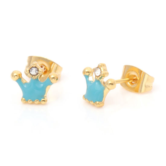Picture of 1 Pair Vacuum Plating 316 Stainless Steel Stylish Ear Post Stud Earrings Gold Plated Blue Crown Enamel Clear Rhinestone 8.3mm x 7.2mm, Post/ Wire Size: (21 gauge)